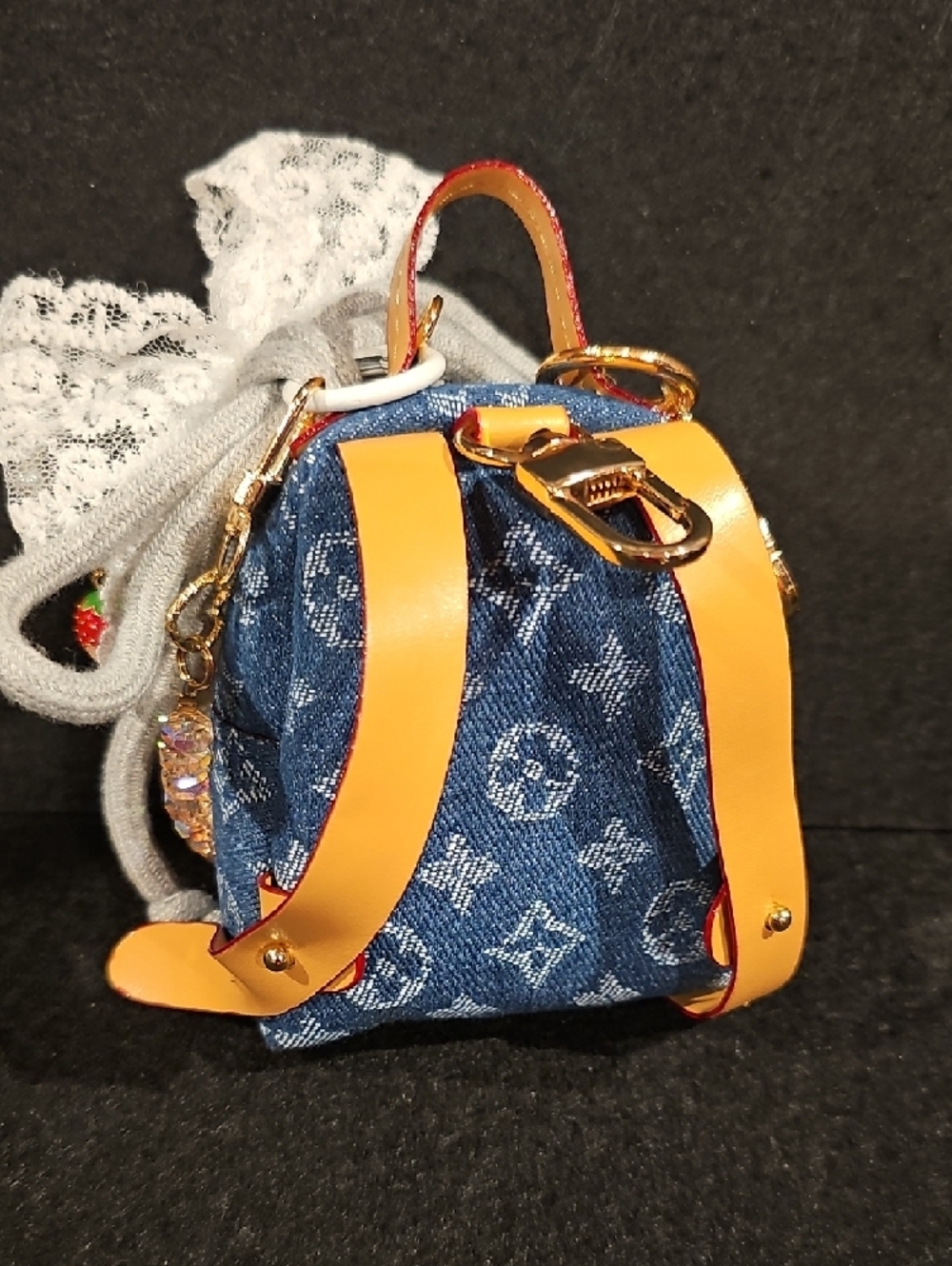 Soft Denim Mini Backpack Charm with Lace Bow & Pearls - Picture 5 of 8